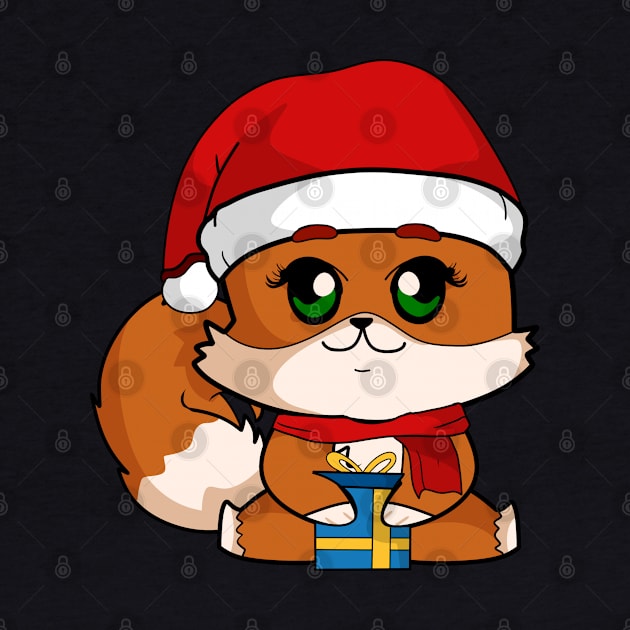 Cute Fox Christmas Holiday Shirt with Santa hat and present for animal lovers by TheBeardComic